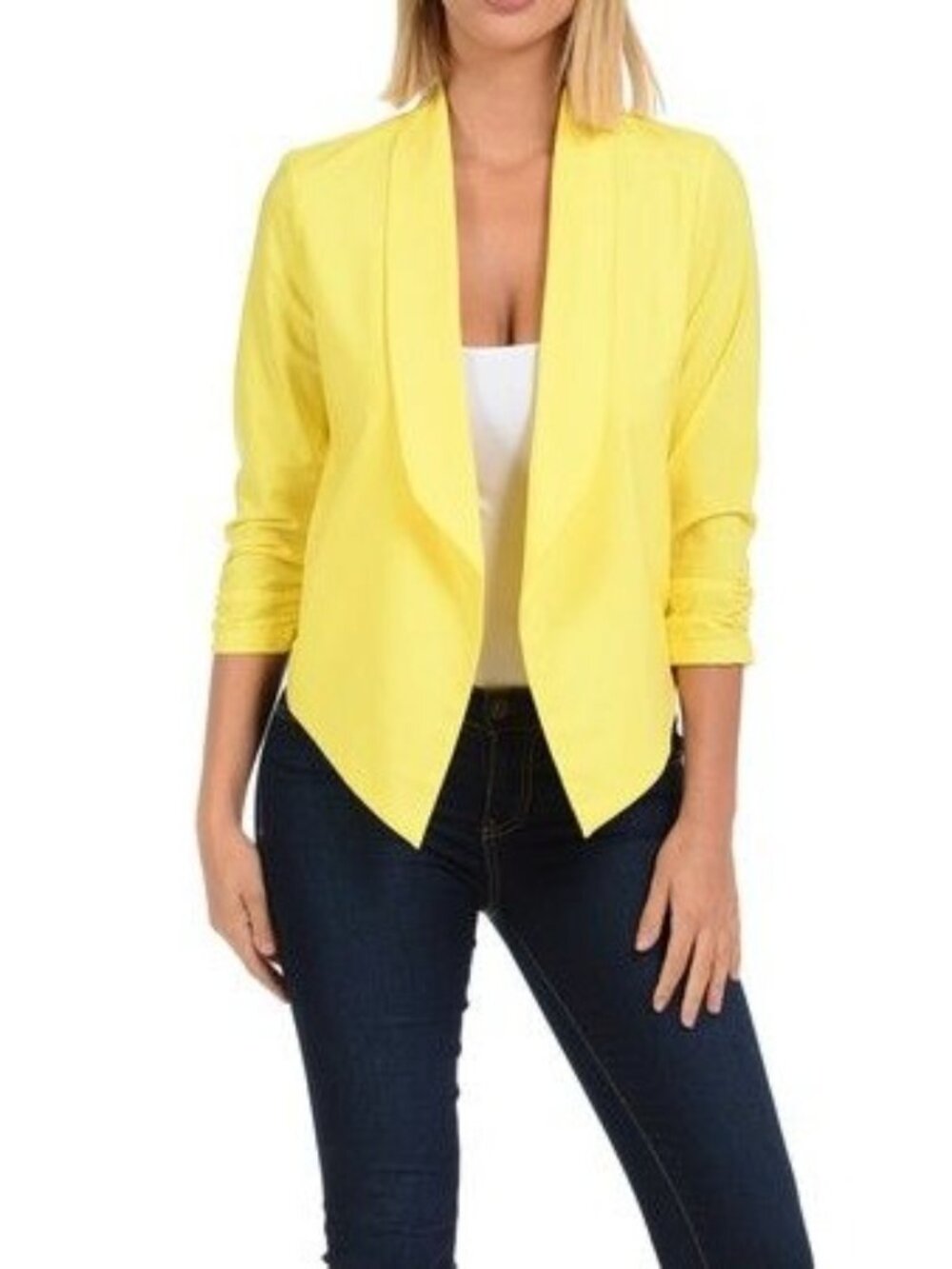 Bebe Blazer Jacket Womens Size Large Yellow Draped Open Front
